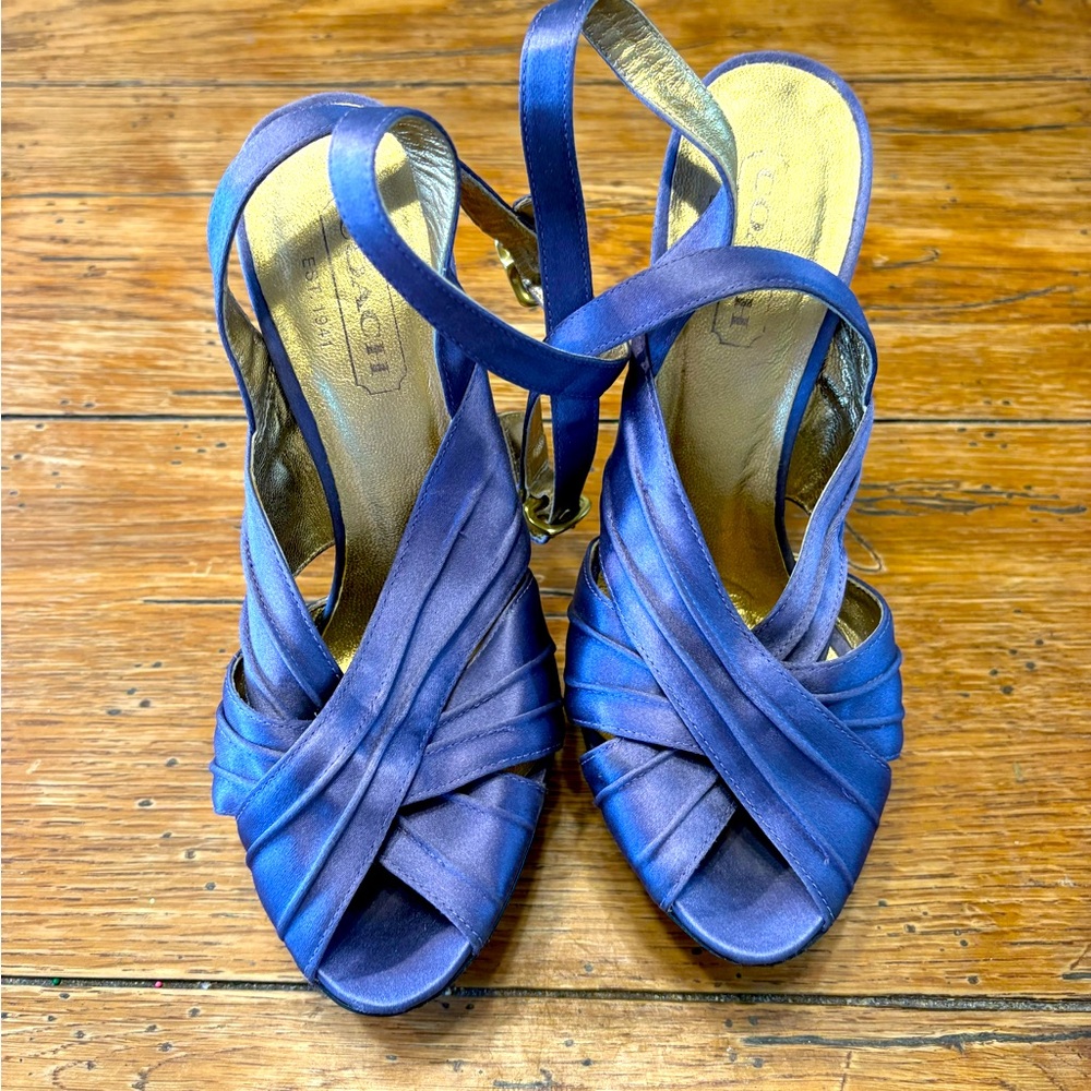 Coach Satin Open Toe Heel in Pastel Purple w/ Gold Trim and Ankle Wrap Straps 6